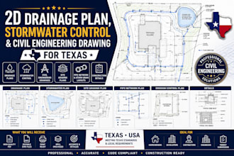 do 2d drainage plan, stormwater control and civil engineering drawings for texas
