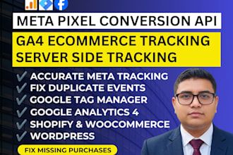 setup facebook pixel conversion API,  ga4 ecommerce and ads tracking