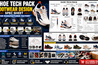 create shoe tech pack footwear design spec sheet for manufacturer factory