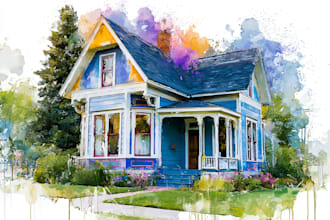 create a watercolor house portrait or buildings