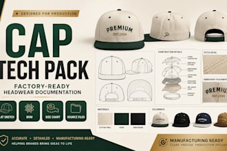 create production ready cap tech pack with flat sketch and mockup