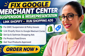 link shopify store with merchant center, run google ads, fix misrepresentation