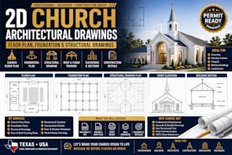 do 2d architectural drawing church floor plan, foundation and structural drawing