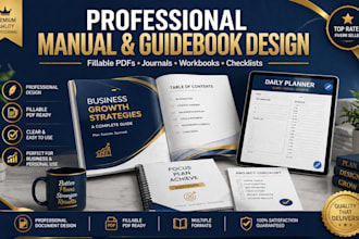 design a professional manual guide, guidebook, fillable journal, and checklist