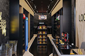3d convenience store interior, checkout counter,butcher shop,display shelf decor