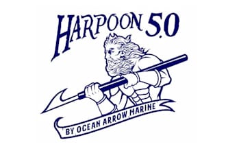 design neptune harpoon logo with outstretched muscular arm