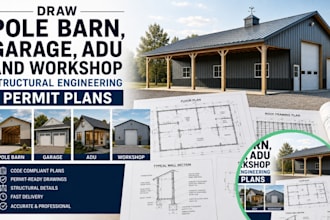 draw pole barn, garage, adu and workshop structural engineering permit plans