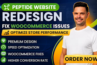 redesign peptide website, fix woocommerce issues and optimize store performance