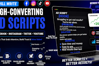write ugc video ad scripts for tiktok, instagram reels and facebook