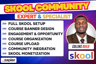 skool community setup, migrate to skool, upload course integrate zapier