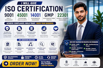 give iso 9001, 25001, gmp, 22301 iso certification