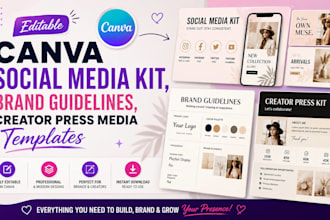 editable canva social media kit, brand guidelines, creator press media templates