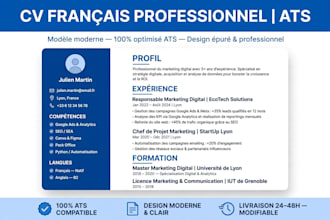 design a modern french CV resume and ats cover letter for france jobs
