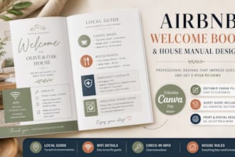 design airbnb welcome book, house manual str property, trifold leaflet, brochure