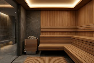 design 3d sauna interior, luxury spa, steam room, wellness spaces with renders