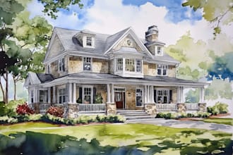 create house and building photo into watercolor art