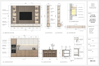 create custom millwork drawings, kitchen cabinet, tv wall, media wall design