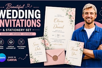 design a wedding invitation and stationery suite as an editable canva template