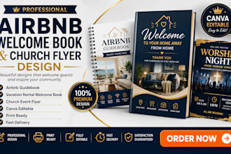 create printable airbnb welcome book and church event conference flyer design