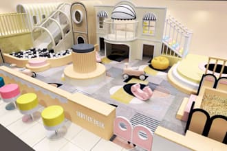 design a 3d indoor playground, kids play area, soft play center