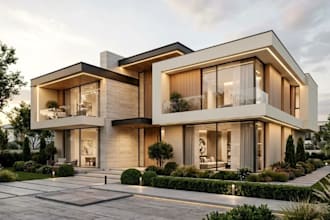 remodel building exterior, revit 3d model, landscape backyard design, cgi render