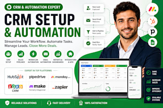 setup hubspot CRM, pipedrive CRM, monday com CRM and workflow automation