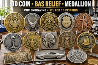 do 3d coin mode, bas relief, medallion, cnc engraving, stl file for 3d printing