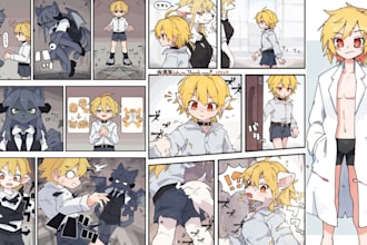 draw furry comic book, nsfw comic page, fursona character design anime style