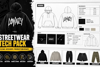 create factory streetwear  tshirt tech pack for fashion hoodies and cargo pants
