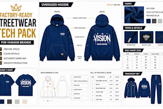 create factory streetwear  tshirt tech pack for fashion hoodies and cargo pants