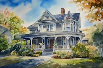 create a watercolor house portrait or buildings