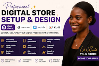 design and setup your stan store, gumroad payhip, and kofi digital product store