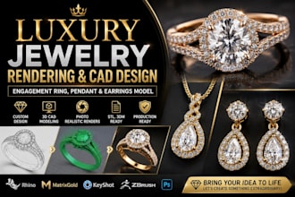 luxury jewelry rendering, cad design, engagement ring, pendant, earrings model