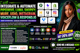 integrate slack pipedrive luma shopify murf udio insagram voiceflow respond io