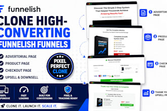 clone sales converting funnelish advertorial page, product page, checkout page