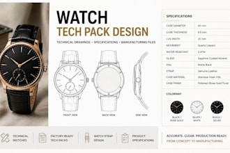 design professional watch tech packs and technical drawings for manufacturing