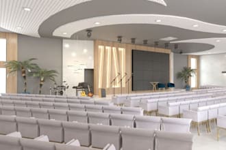 design modern church interior, stage design, floor plan and 3d model