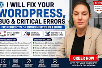 fix wordpress white screen, bug, redirect critical error or broken site in 1hour