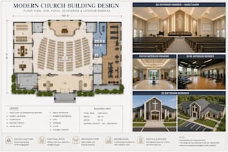 design church floor plan, gym, foyer and 3d render with interior and exterior
