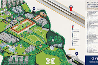 design a branded 2d or isometric school campus map illustration for universities
