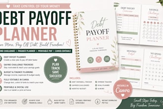 design debt payoff planner saving challenge canva finance planner, printable PDF