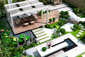 design 3d patio, backyard, terrace, pergola,  landscape outdoor living space