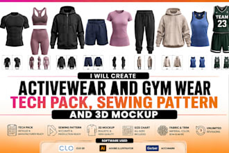 create activewear and gym wear tech pack sewing pattern 3d mockup for production