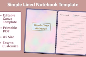 design a printable lined notebook template in canva