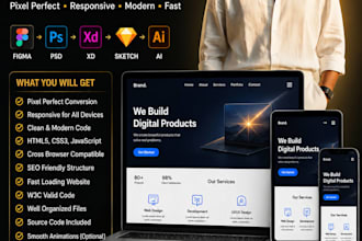 convert figma, PSD, xd design to HTML CSS javascript
