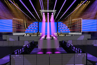 deliver professional festival stage interior, conference hall, cgi rendering