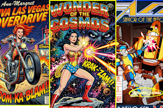 do hand drawn retro vintage comic poster, horror pop art, superhero comic art,