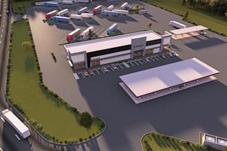 cgi bus garage,3d logistic hub,gas station render,parking depot,truck bay design