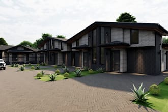 build townhouse estate,driveway landmark, photorealistic exterior cgi, 3d visual