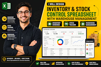 design excel inventory management, stock tracker and warehouse spreadsheet